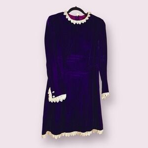Vintage 1960s Mod - Deep Purple Crushed Velvet And Crochet Lace Dress - 13